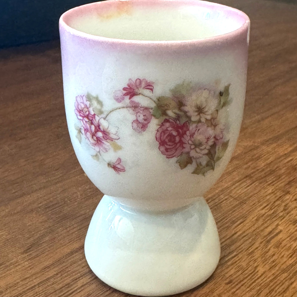 Vintage Porcelain Egg Cup Pink Yellow Floral Grandmacore Bloomcore Chippy Style